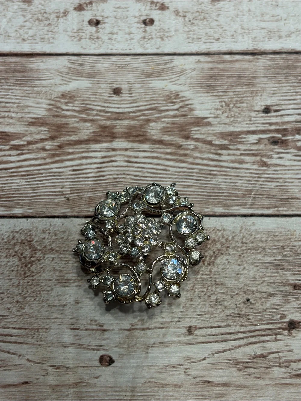 Vintage Clear Crystal Floral Brooch - Silver Tone